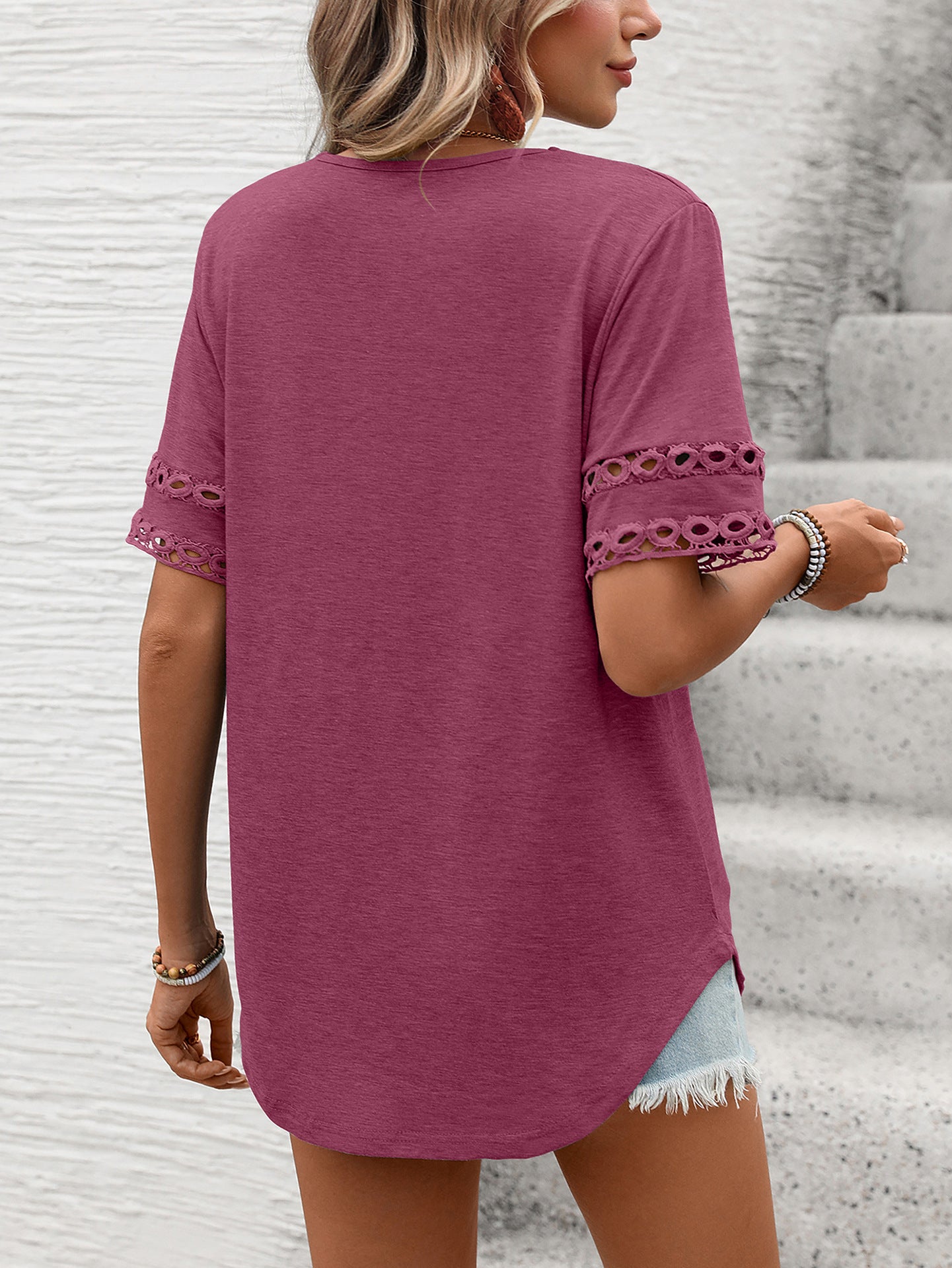 Women Solid Color V-Neck Lace Splicing Short Sleeve Loose T-Shirt Top