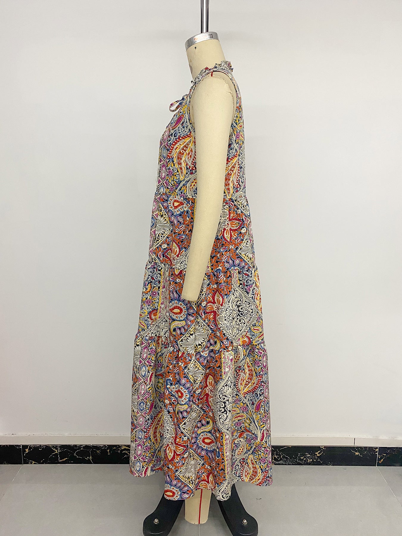Vintage Fringed Sleeveless Print Dress