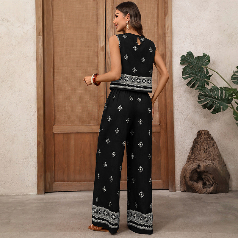 Vintage Two-piece Geometric Printing Set for Women