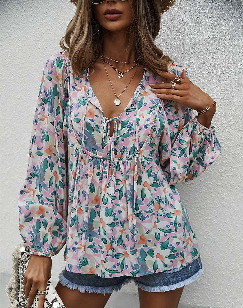 Womens Fall Fashion  Boho Tops Casual Frill Trim Mock Neck Shirts Puff Long Sleeve Blouse Floral Print Top