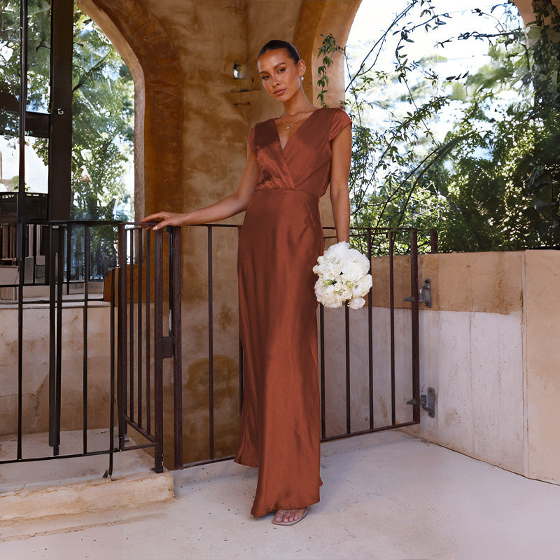 Women Satin Solid Color V-Neck Sexy Fishtail Dress Party Dress Long Dress