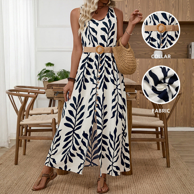 Women's Sleeveless Shoulder Strap Dress Leaf Print Split Dress