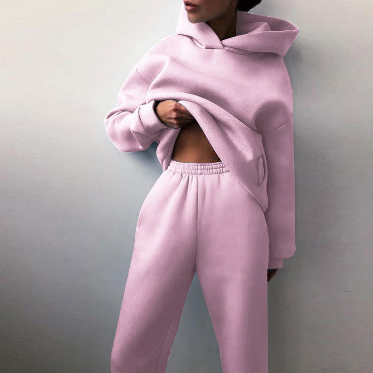 Women Fashion Casual Sports Solid Color Hooded Set