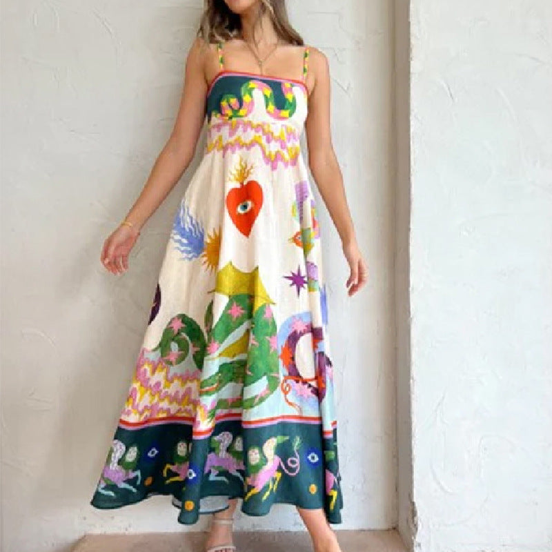 Elegant Printed High Waist Suspender Dress Long Dress