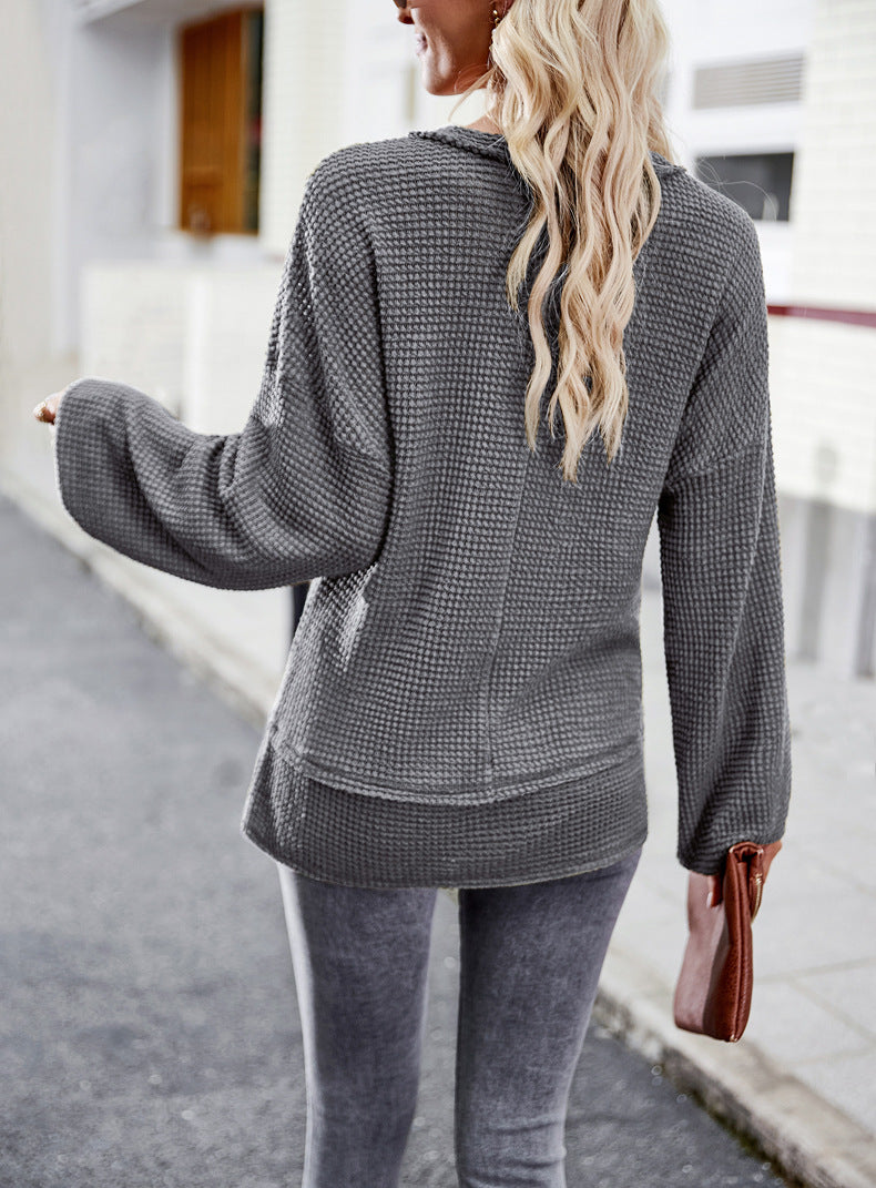 Women's Casual V Neck Ribbed Knitted Shirts Pullover Tunic Tops Loose Balloon Sleeve Solid Color Blouses Top