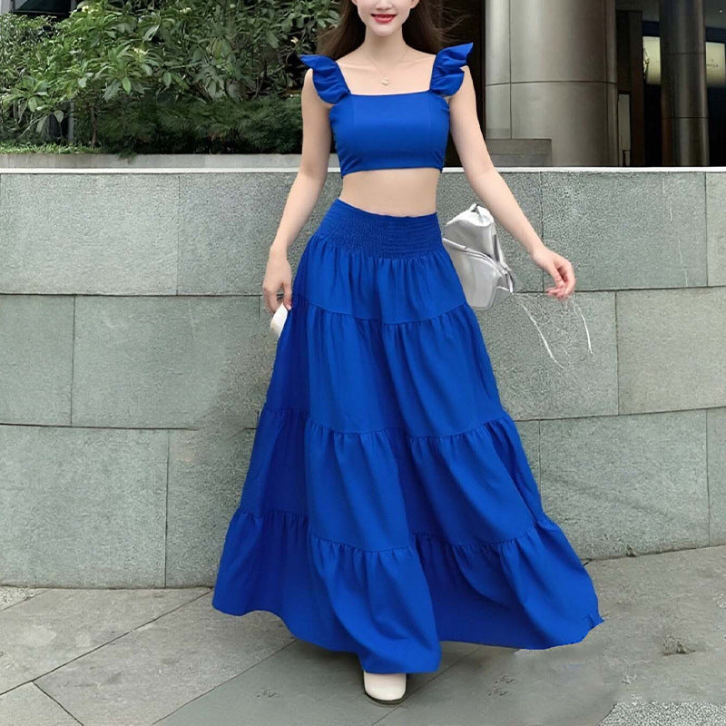 Sexy Daily Casual Solid Color Splicing Suspender Skirt Set