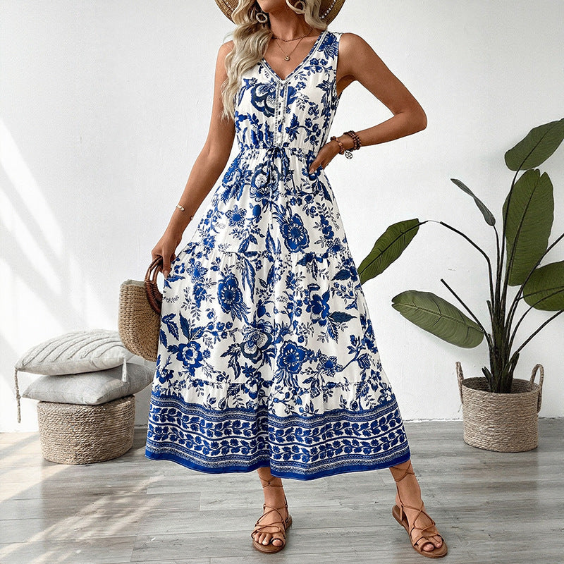 Long Dress V-neck Sleeveless Print Dress