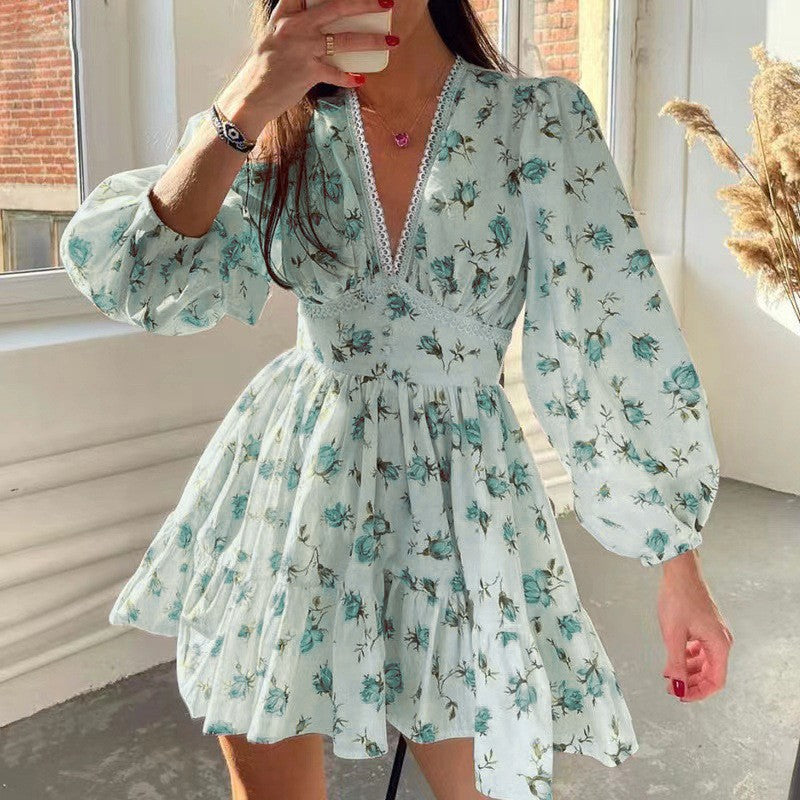 Women Elegant V-neck Floral Slim-fit Dress Short