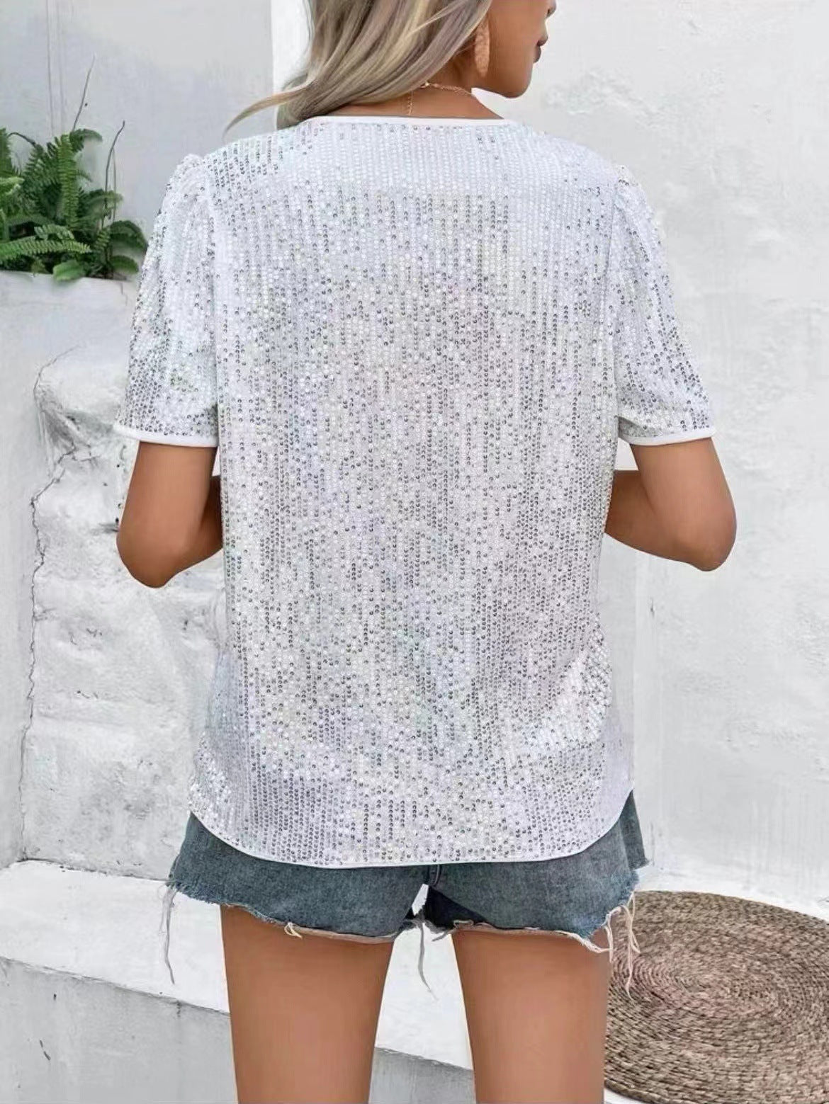 Sexy Solid Color Sequin V-neck Loose Short Sleeve Women's T-shirt