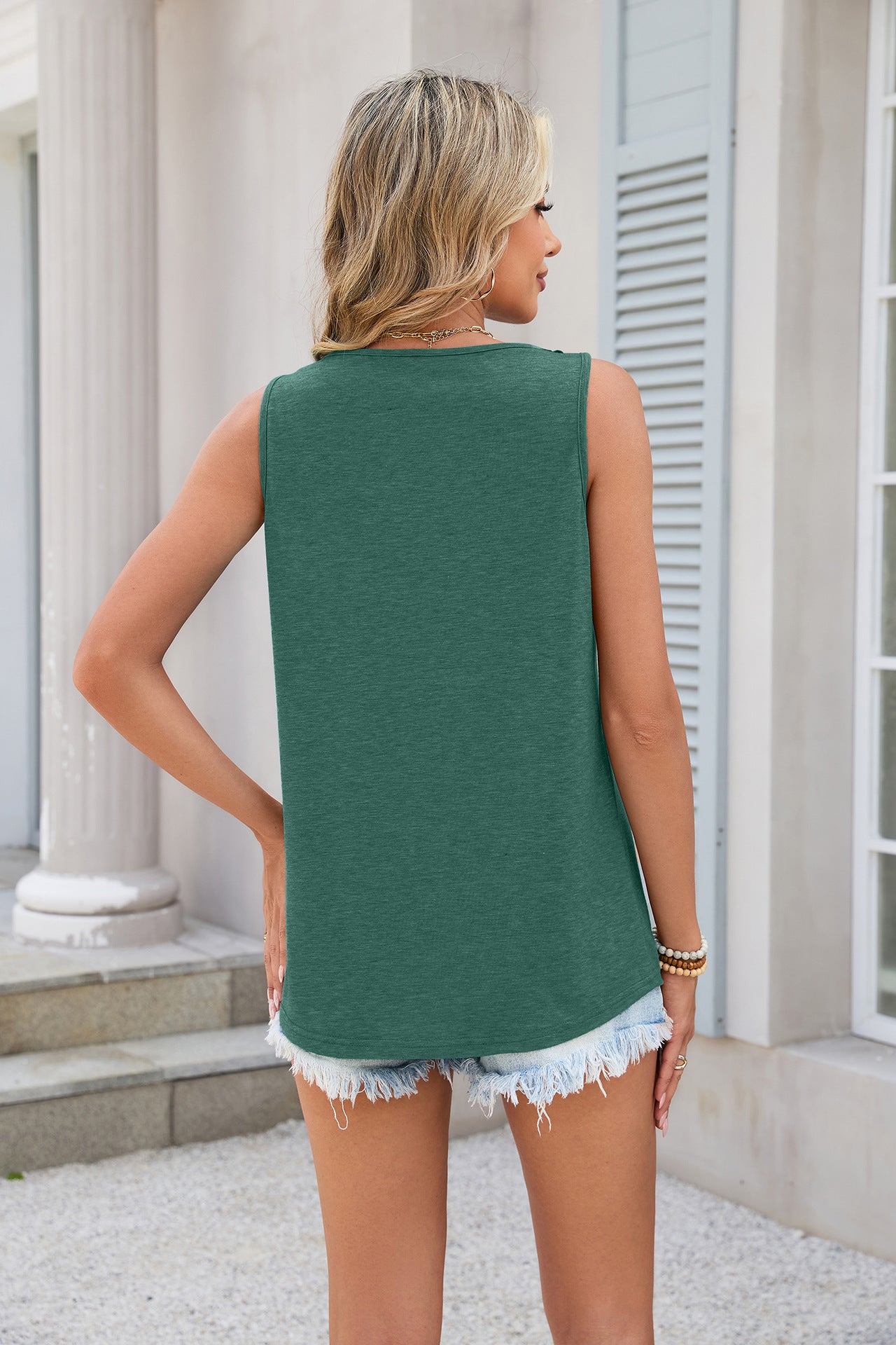 Women Solid Color V-Neck Lace Loose Sleeveless Vest T-Shirt Top