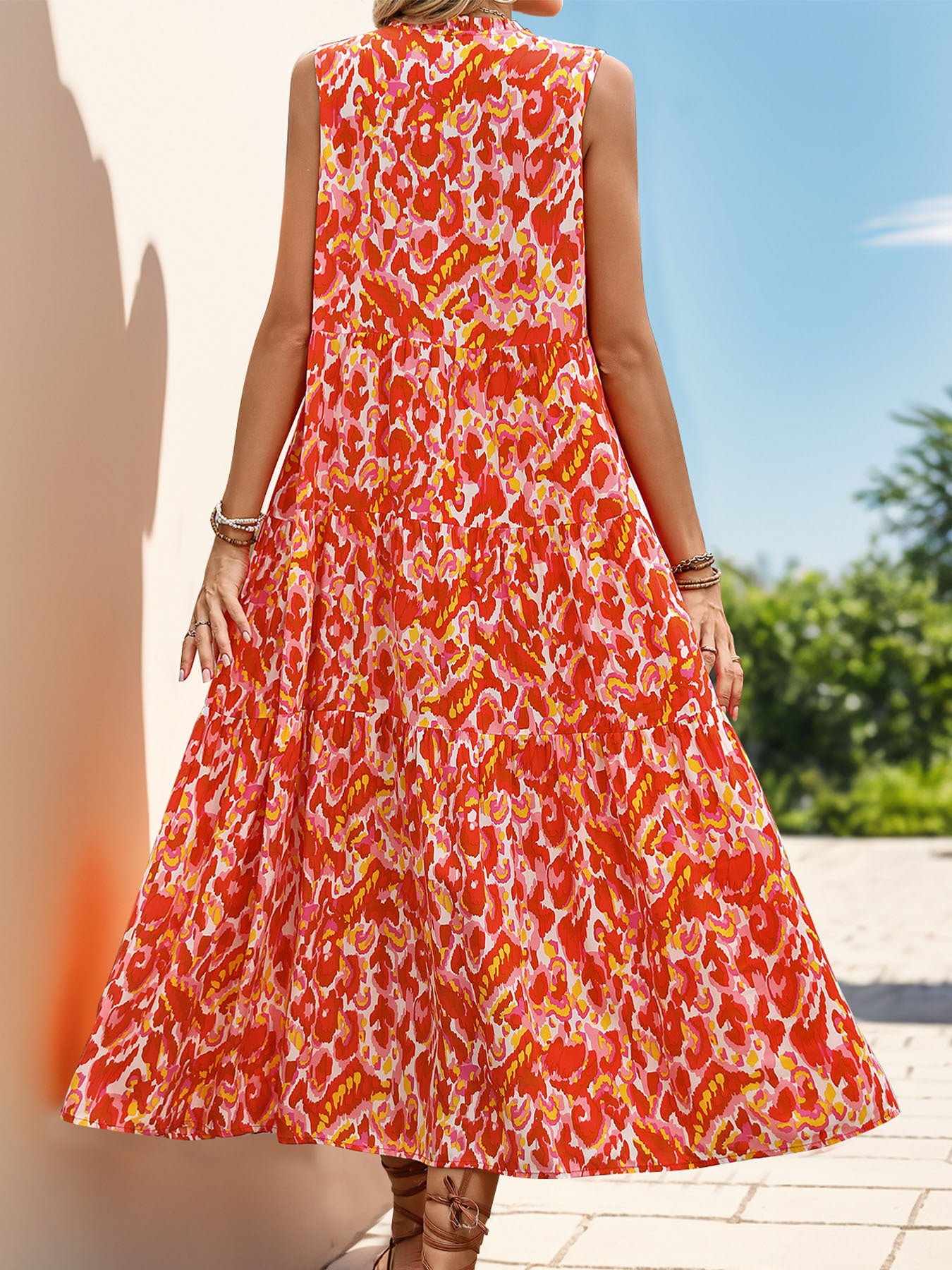 Sleeveless V-neck Fringed Print Dress for Women