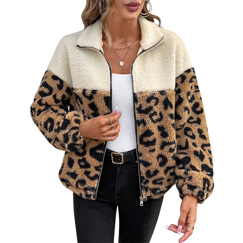 Casual Retro Lapel Leopard Print Wool Coat for Women