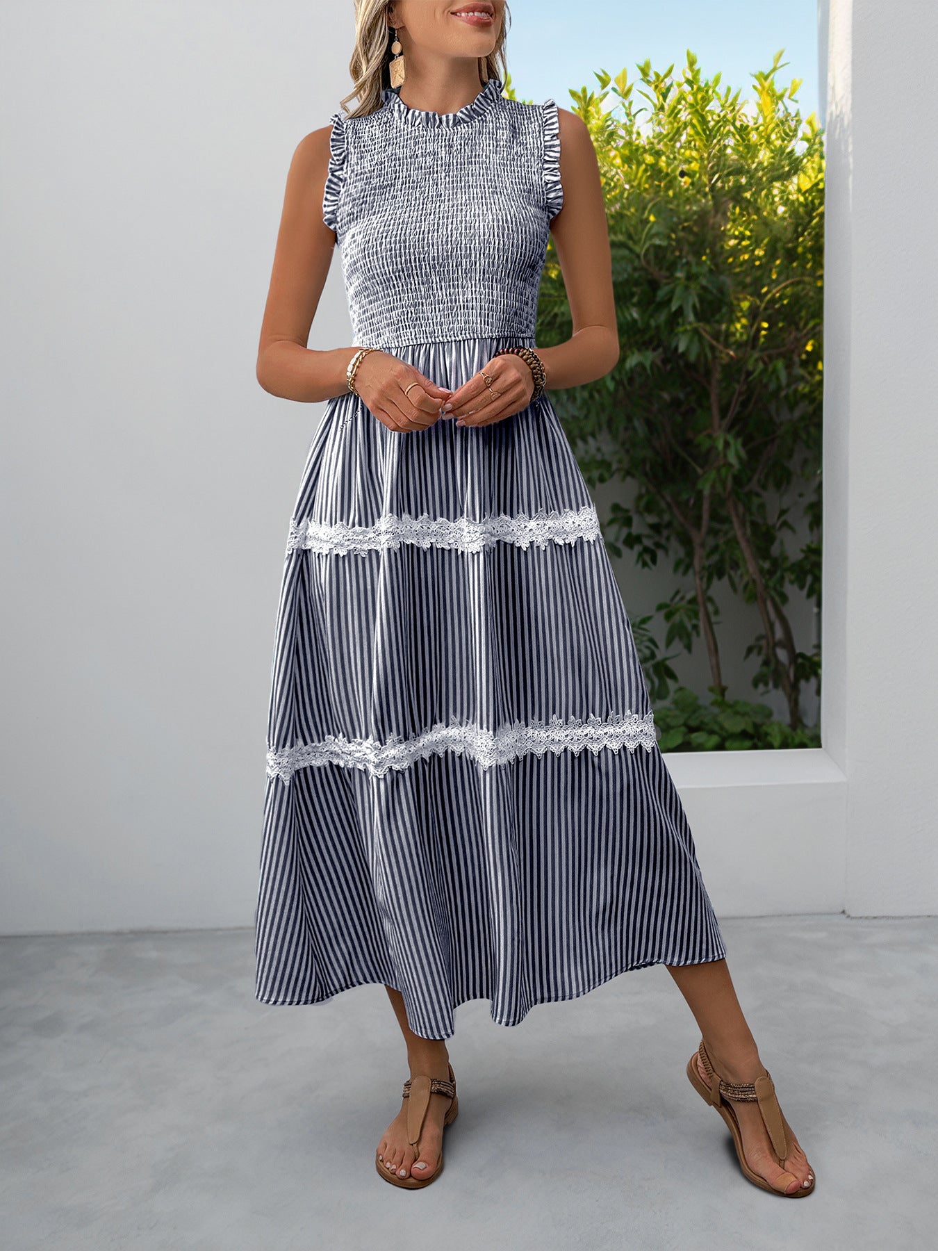 Casual Women's Lace Sleeveless Striped Dress