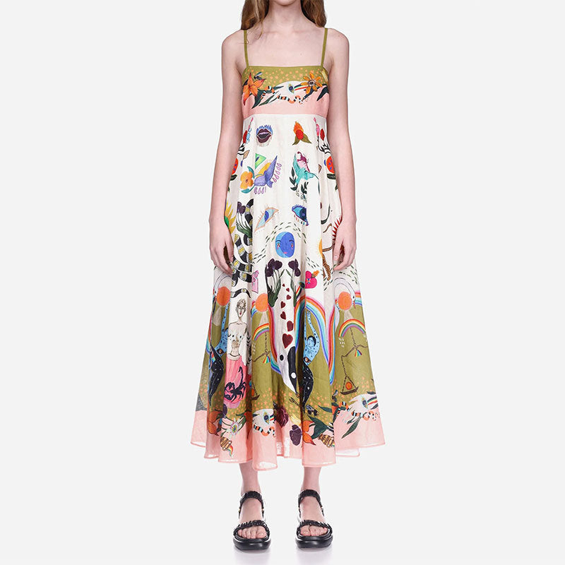 Elegant Printed High Waist Suspender Dress Long Dress