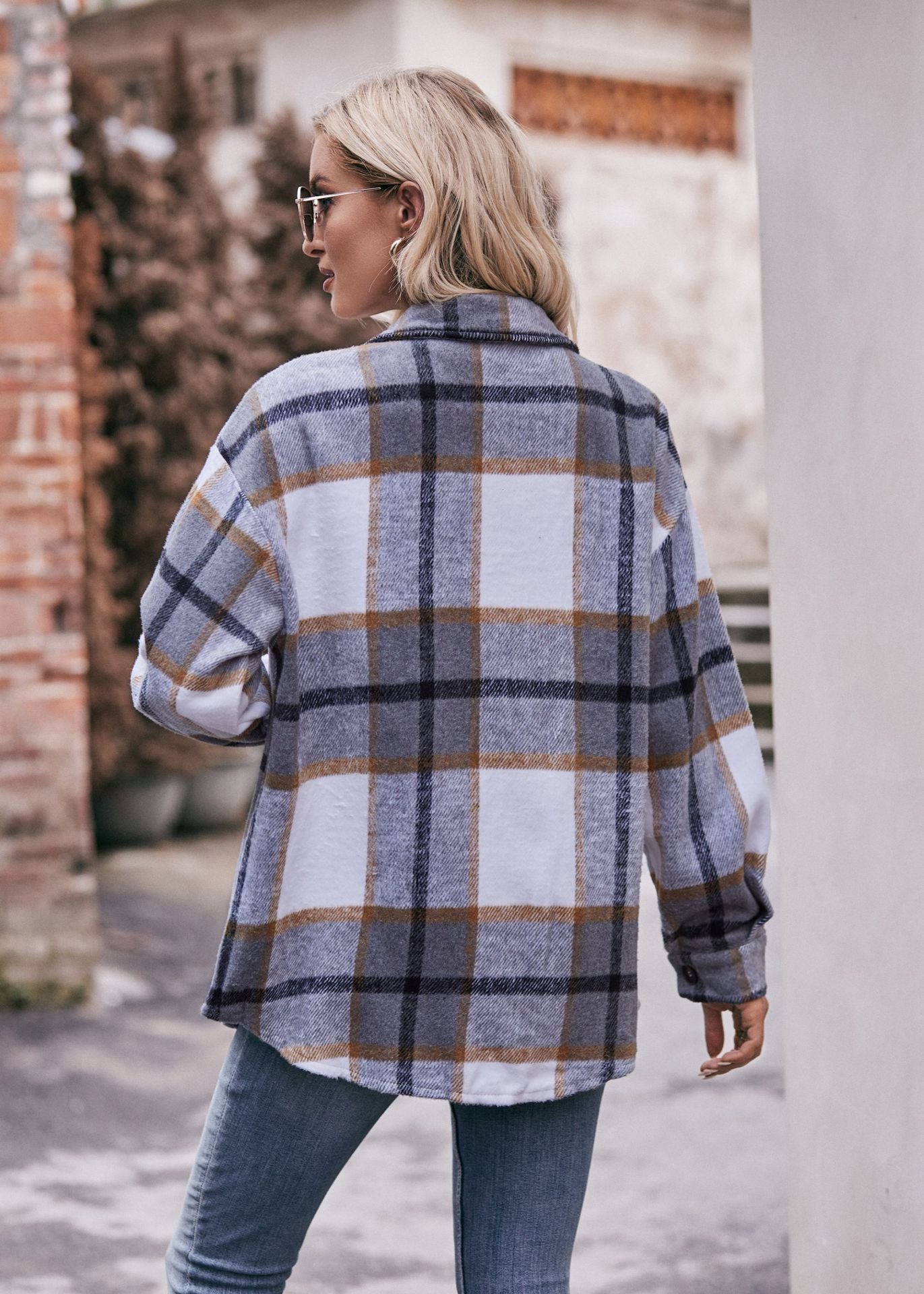 Women's Fall and Winter New Cross-border Women's Plaid Jacket Casual Loose Pocket Shirt