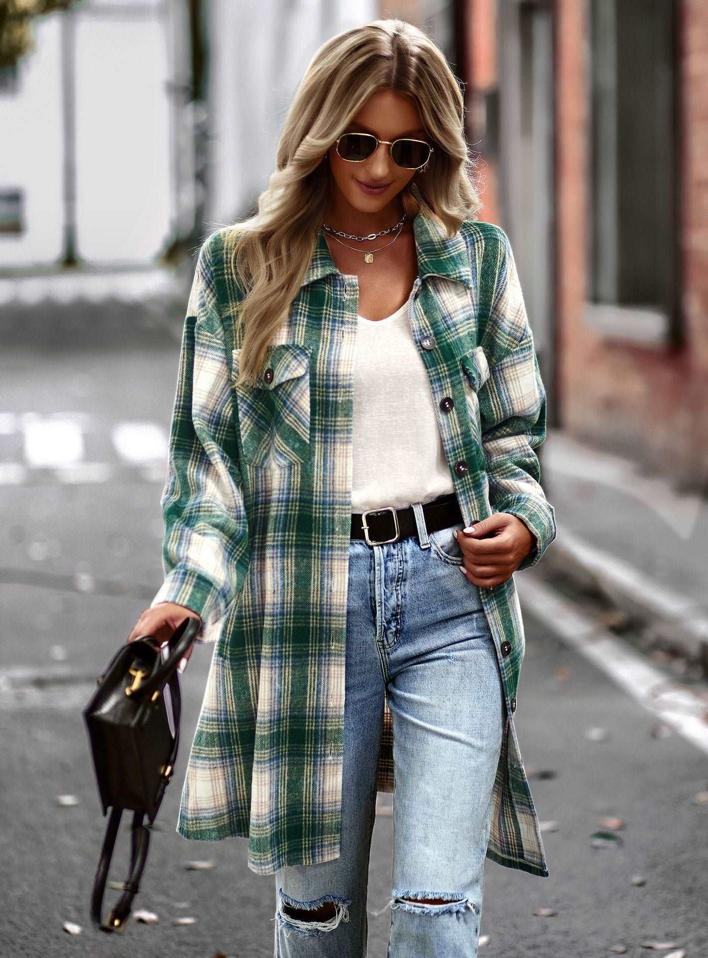 Women's Long Sleeve Button Down Jackets Plaid Flannel Shirts Tops Casual Lapel V Neck Oversized Shackets Blouses Top