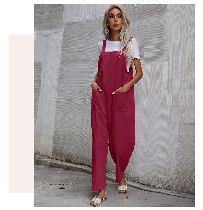 Casual Cotton and Linen Pocket Solid Color Sleeveless Jumpsuit