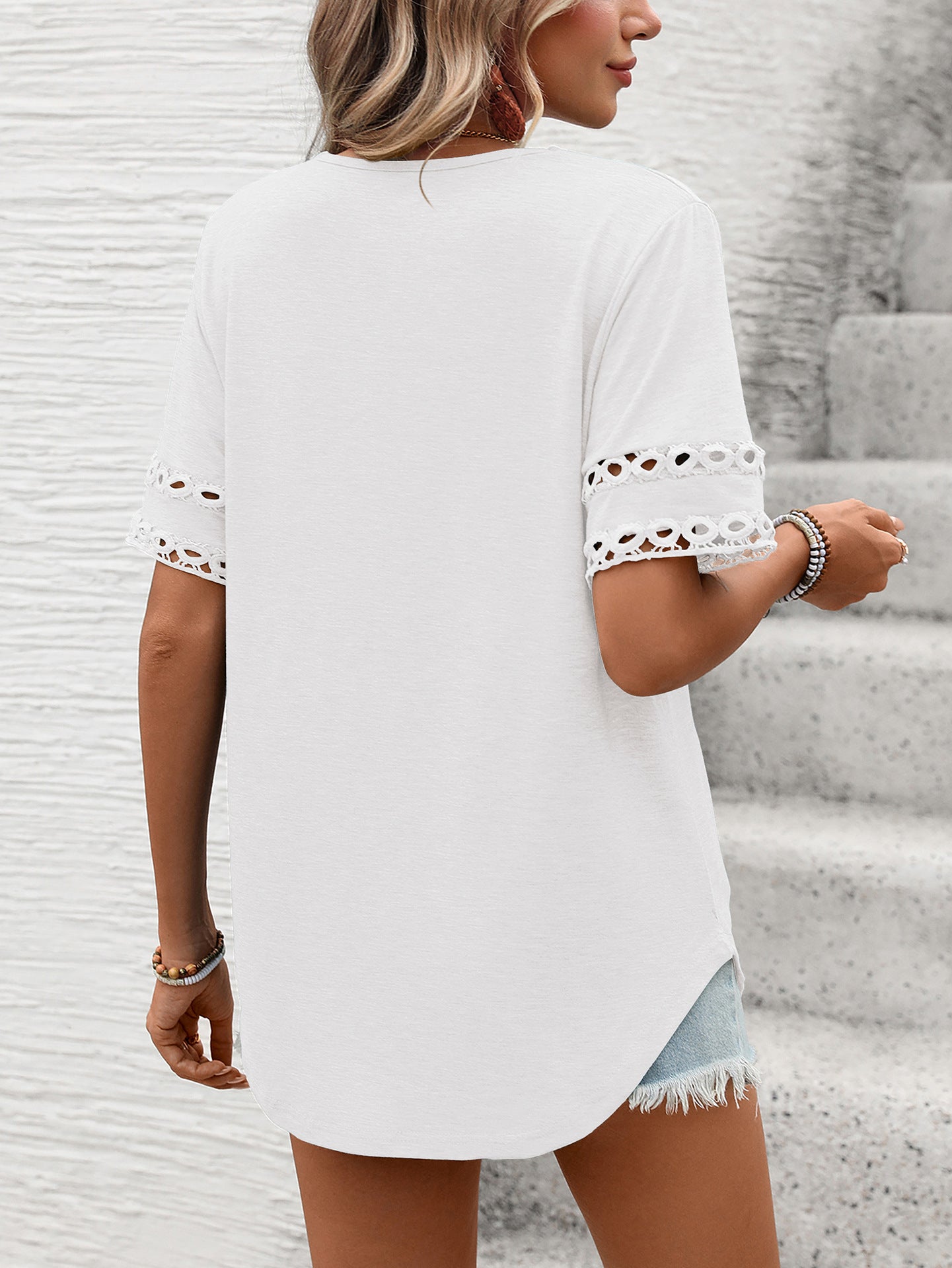 Women Solid Color V-Neck Lace Splicing Short Sleeve Loose T-Shirt Top
