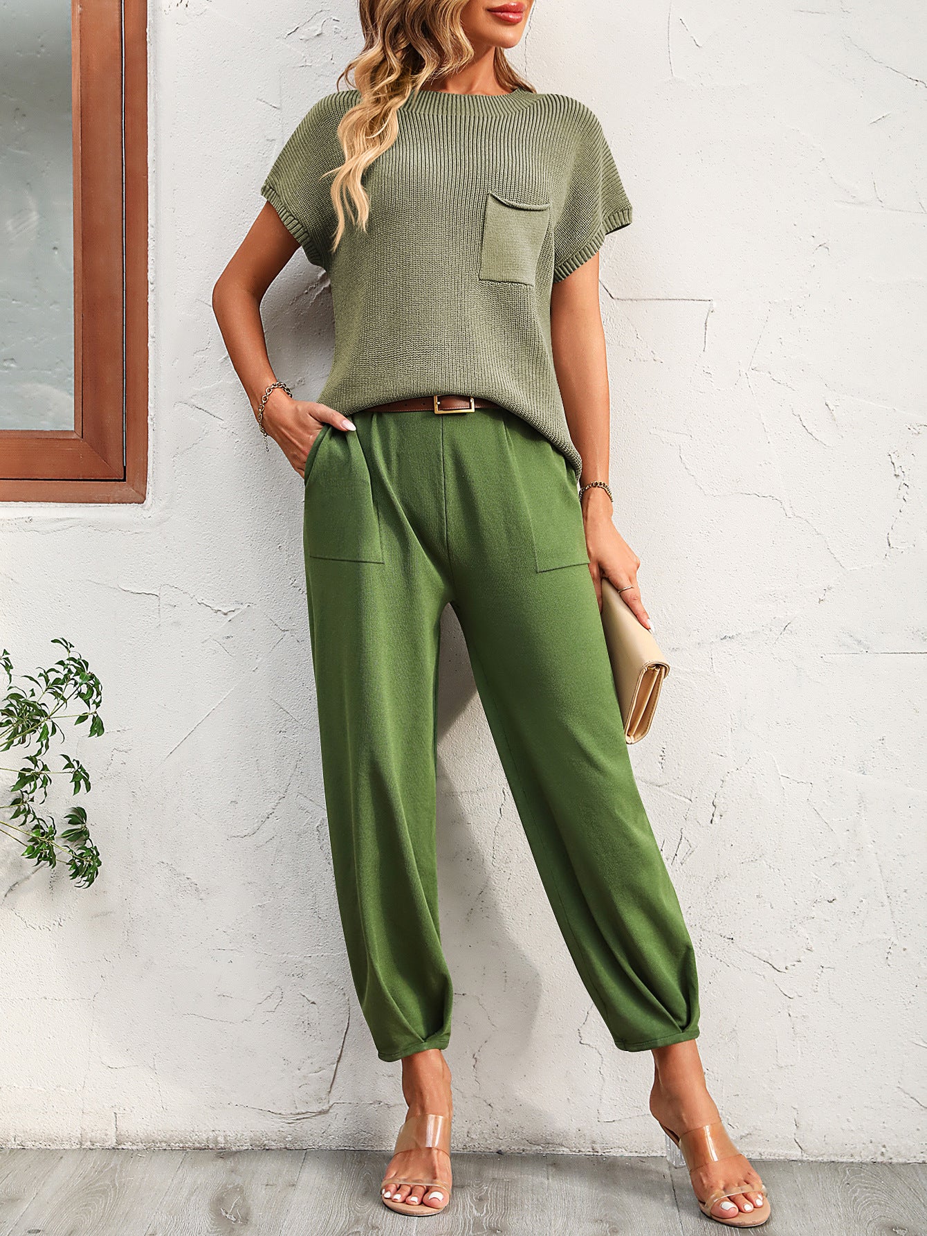 Women Short Sleeve Two Piece Solid Color Casual Waffle Loung