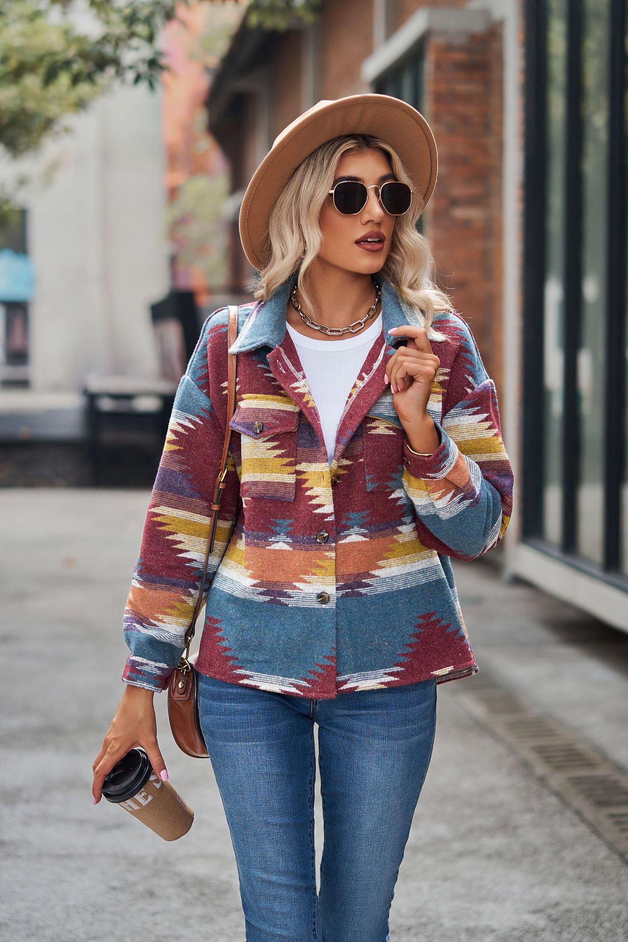 Casual Aztec Print Button Down Woolen Long Sleeve Jacket Coat