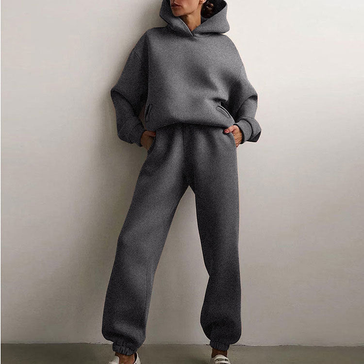 Women Fashion Casual Sports Solid Color Hooded Set