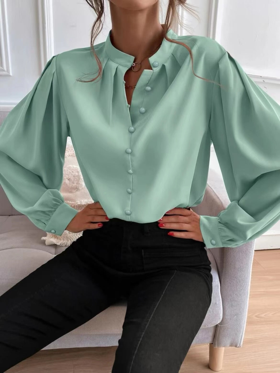 Solid color lapel long-sleeved button-up blouse shirt