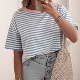 Sky Blue Stripe Contrast Crew Neck Drop Shoulder Loose Tee