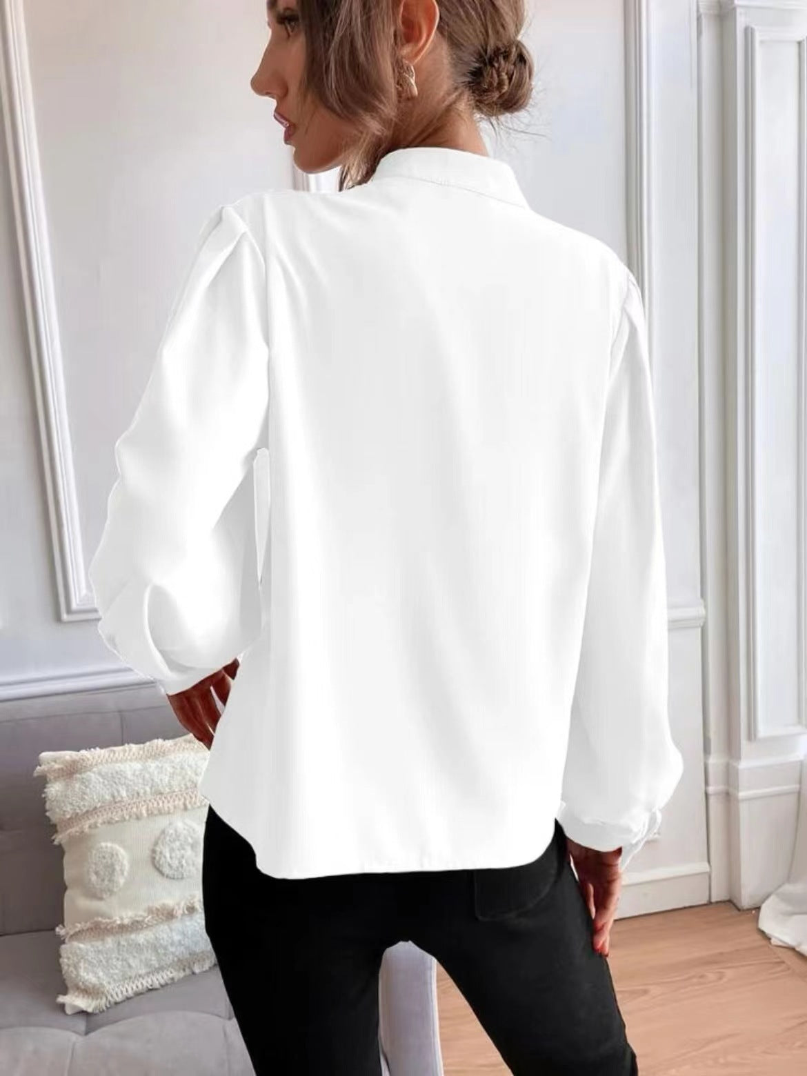 Solid color lapel long-sleeved button-up blouse shirt