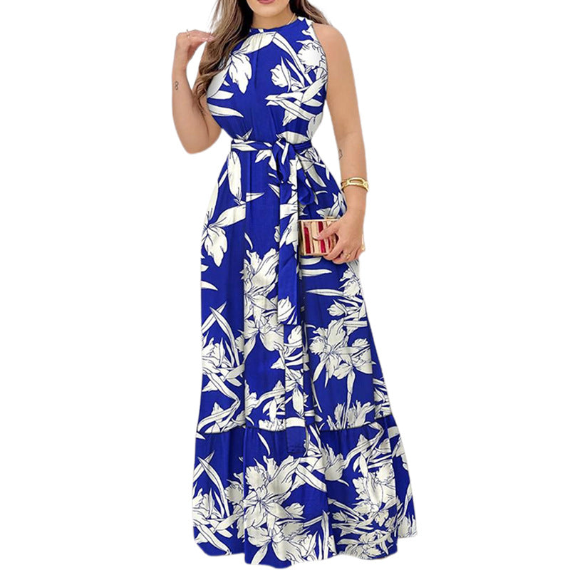 Women's Summer Neck Strap Printed Lotus Leaf Dress Women