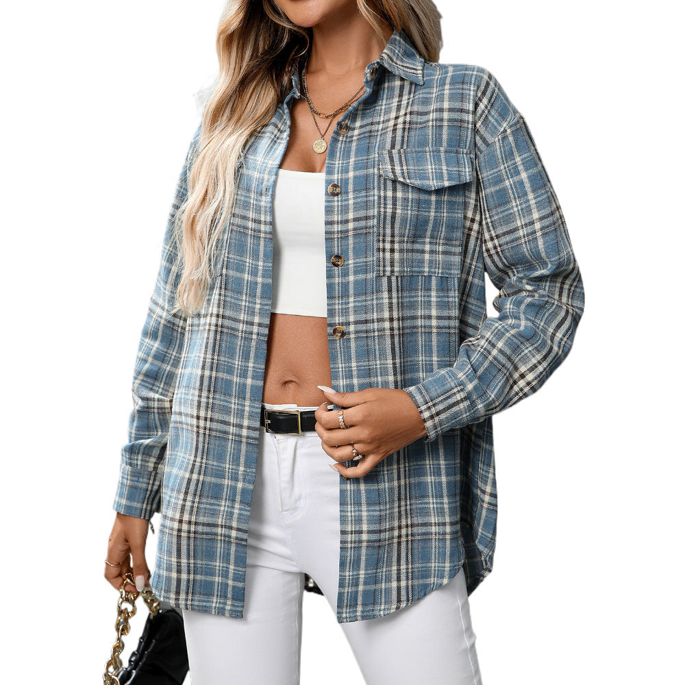 Casual Fashion Loose Plaid Pocket Shirt Women