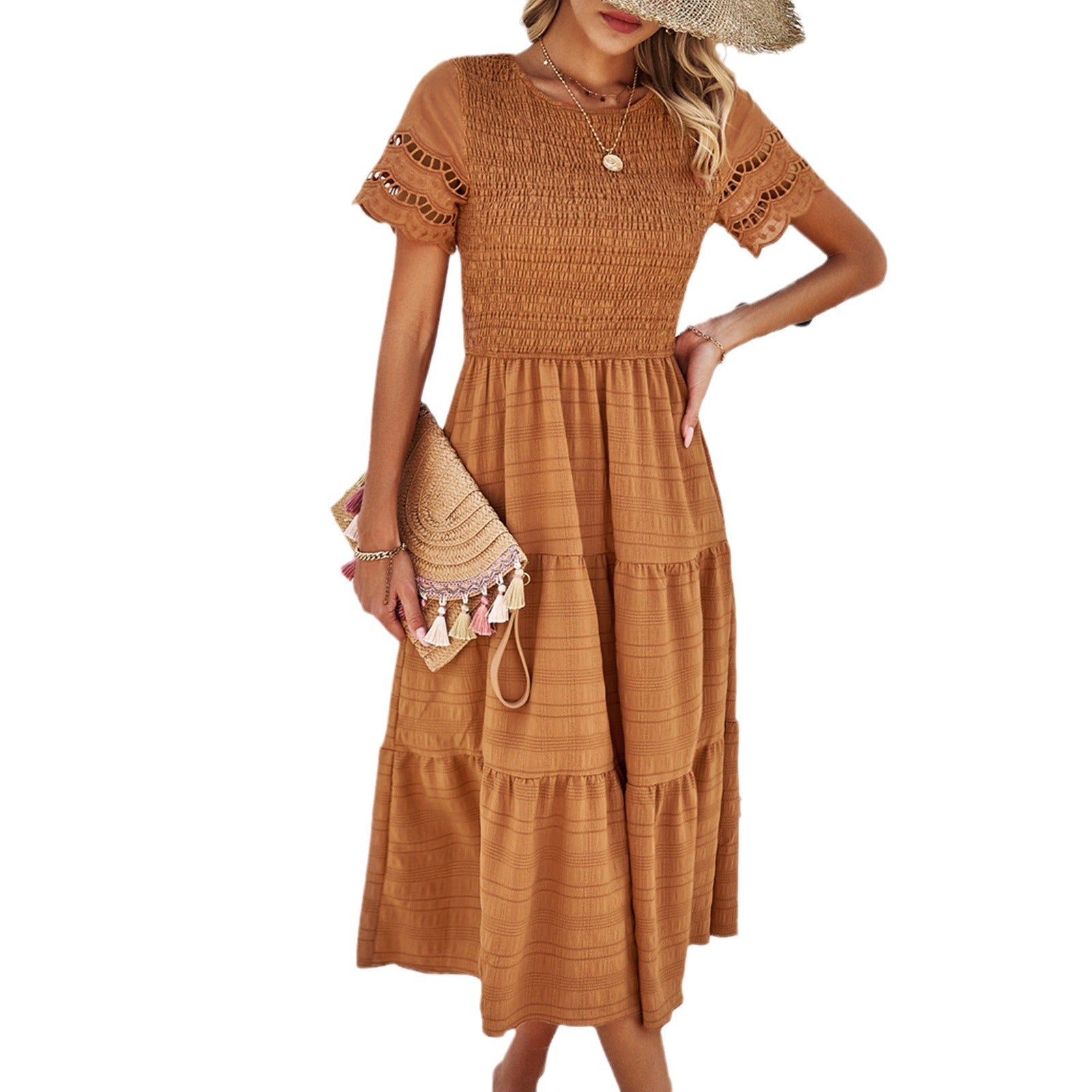 Solid Color Short-sleeved Cut-out Dress for Women