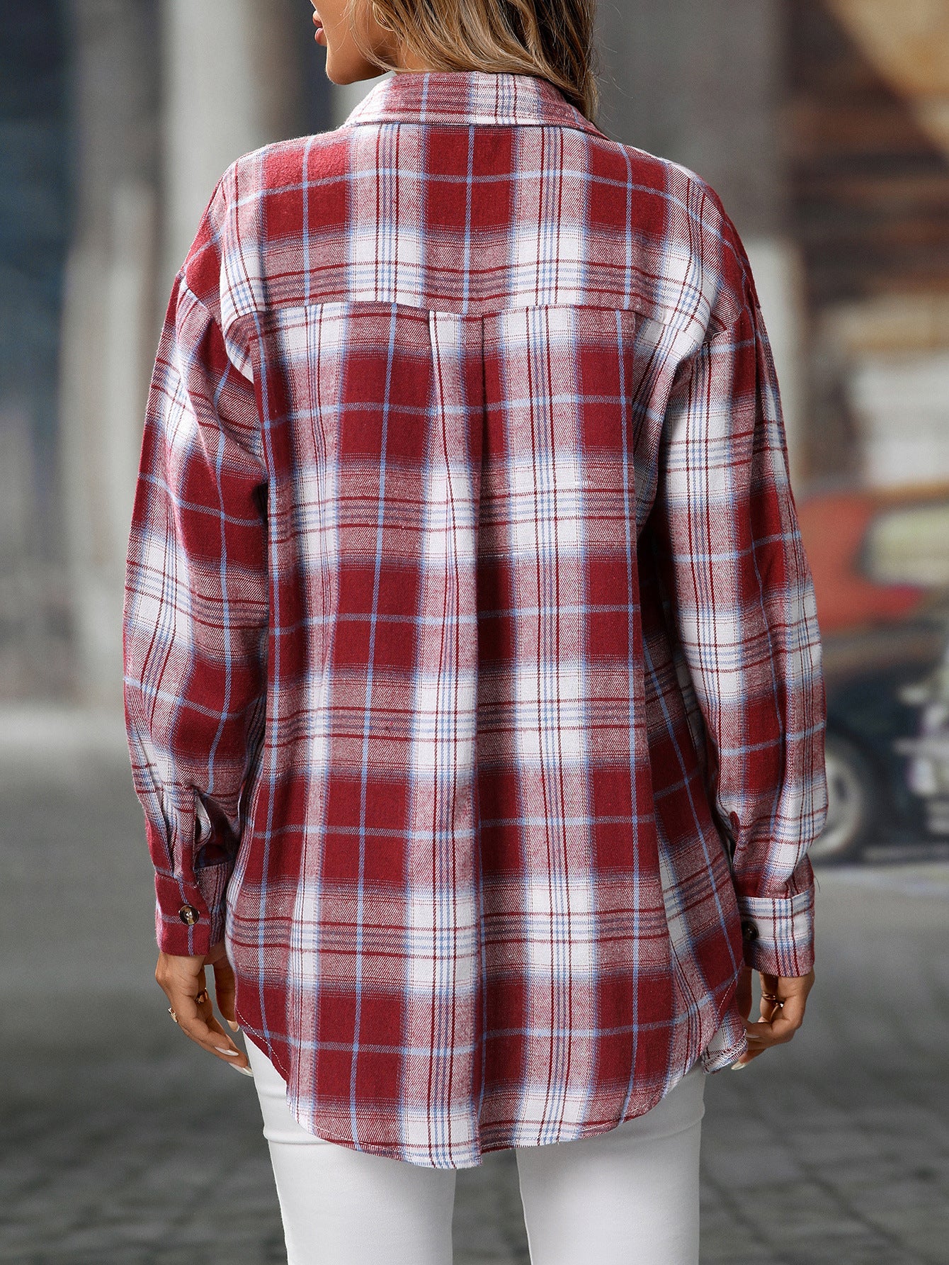 Casual Fashion Loose Plaid Pocket Shirt Women
