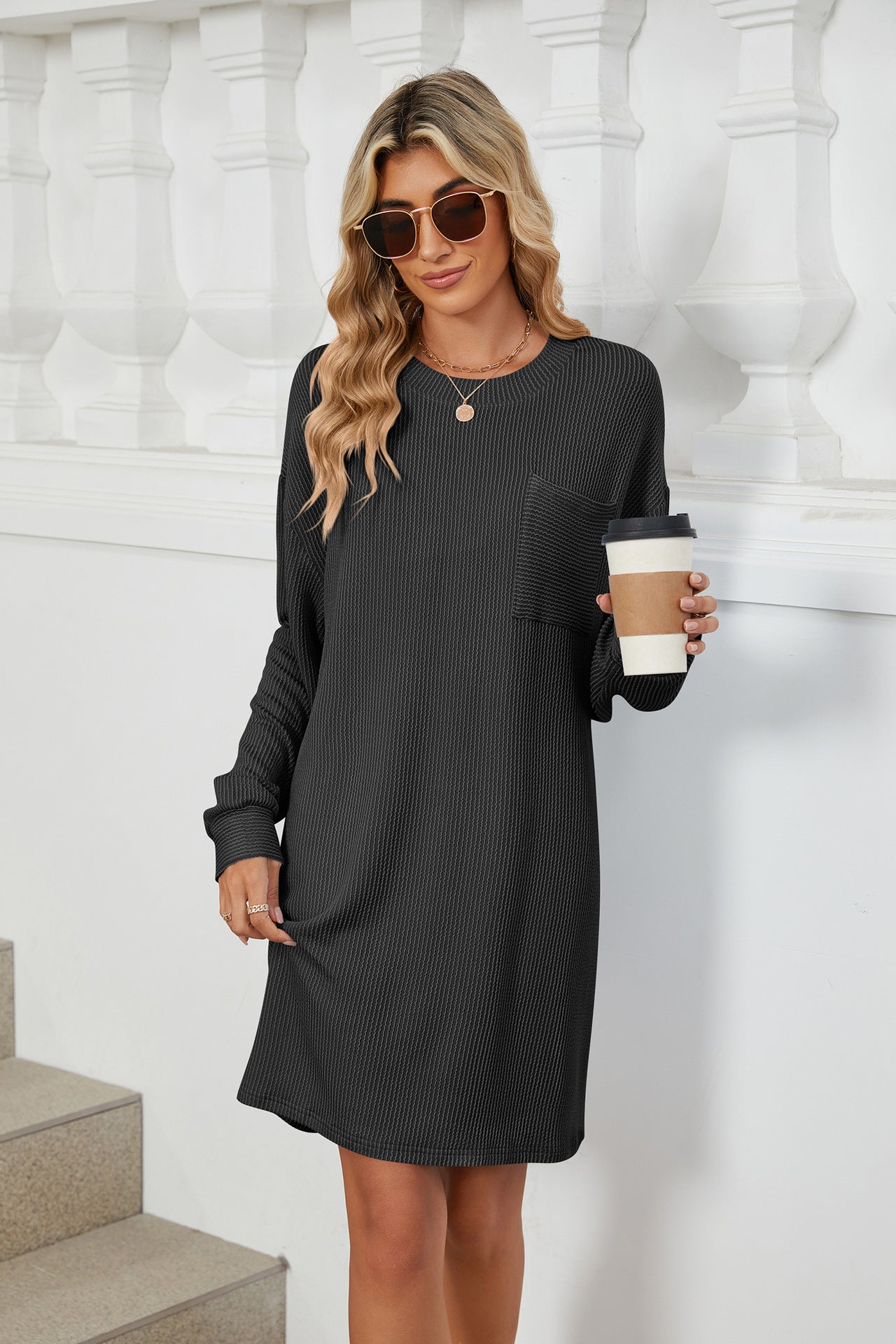 Womens Crewneck Short Sleeve Ribbed Dress