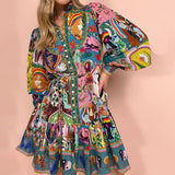 Vintage Elegant Collar Print Strap-on Dress Short