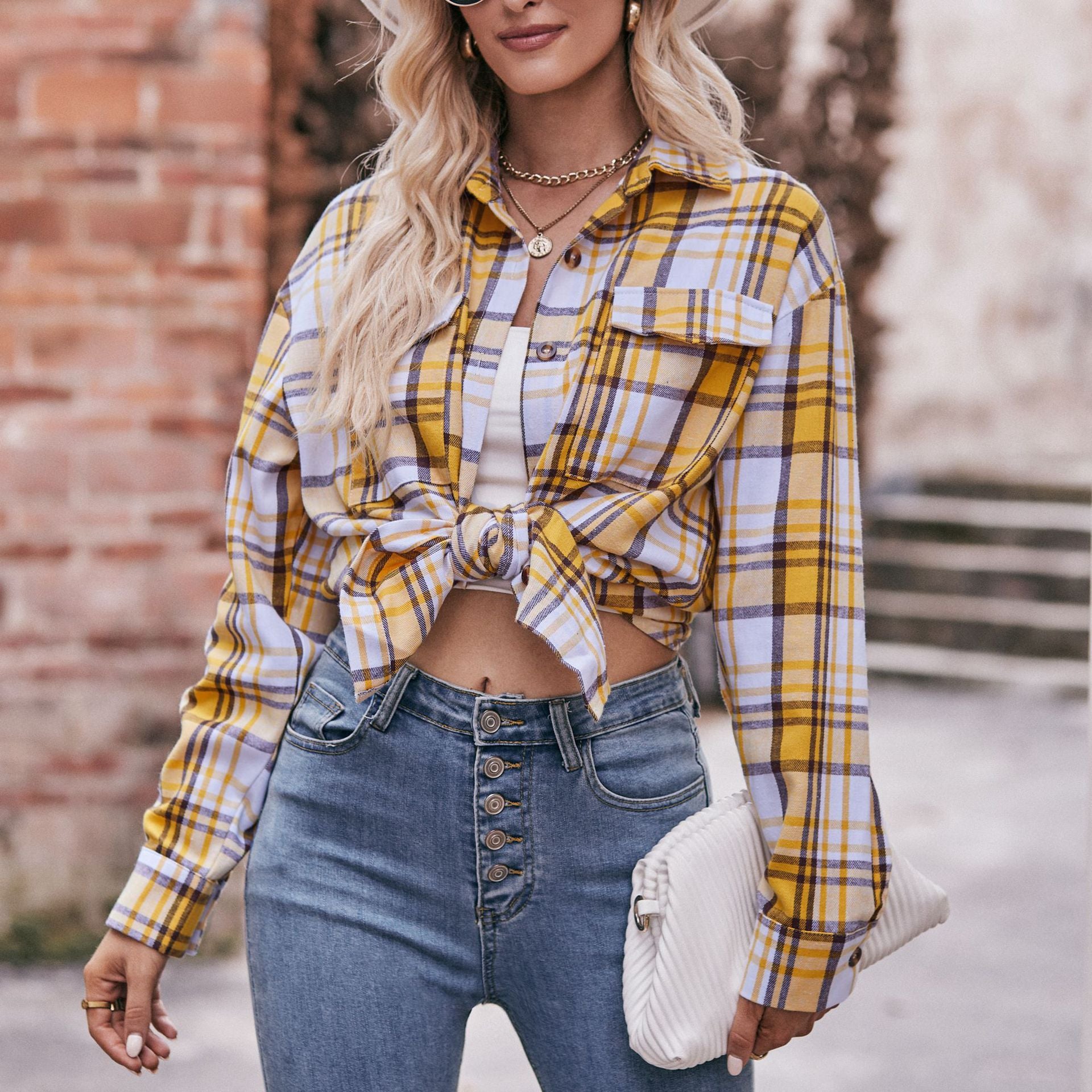 Women Oversize Loose Plaid Jacket with Pocket