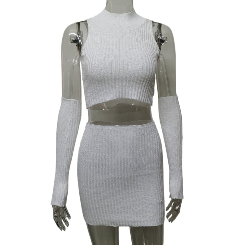Women Open-button Sleeveless Vest Knitted Skirt Set