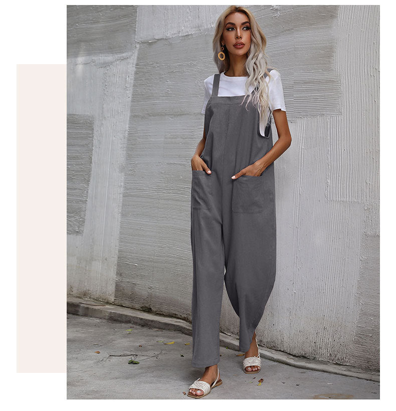 Casual Cotton and Linen Pocket Solid Color Sleeveless Jumpsuit