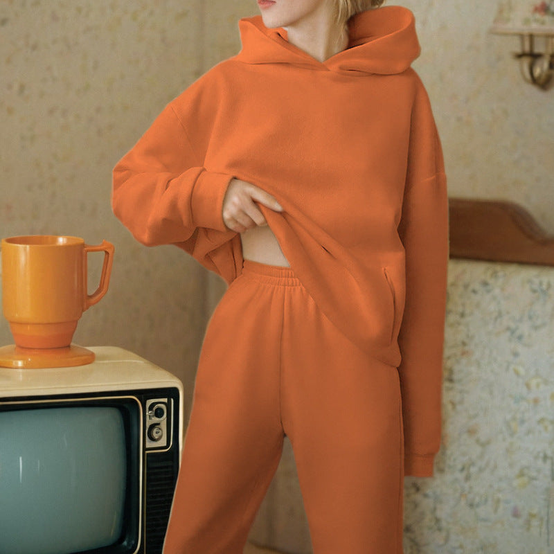 Women Fashion Casual Sports Solid Color Hooded Set