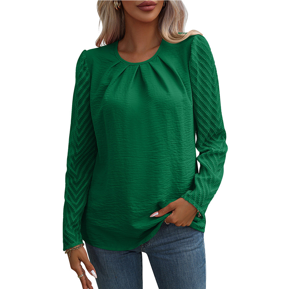 Women's Crew Neck Pleated Chiffon Long Sleeve Shirt
