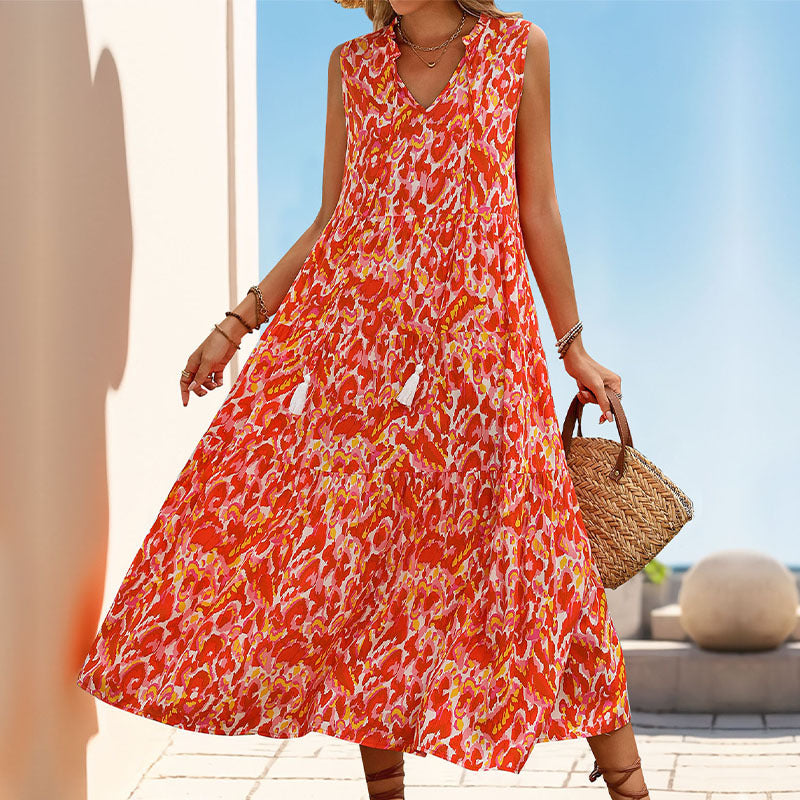 Sleeveless V-neck Fringed Print Dress for Women