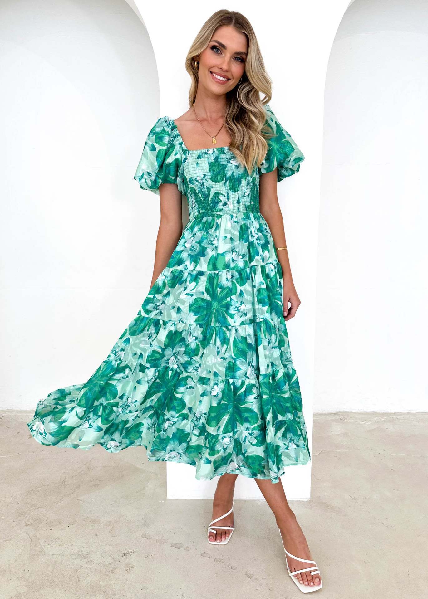 Offshoulder Printed Bubble Sleeve Dress for Women
