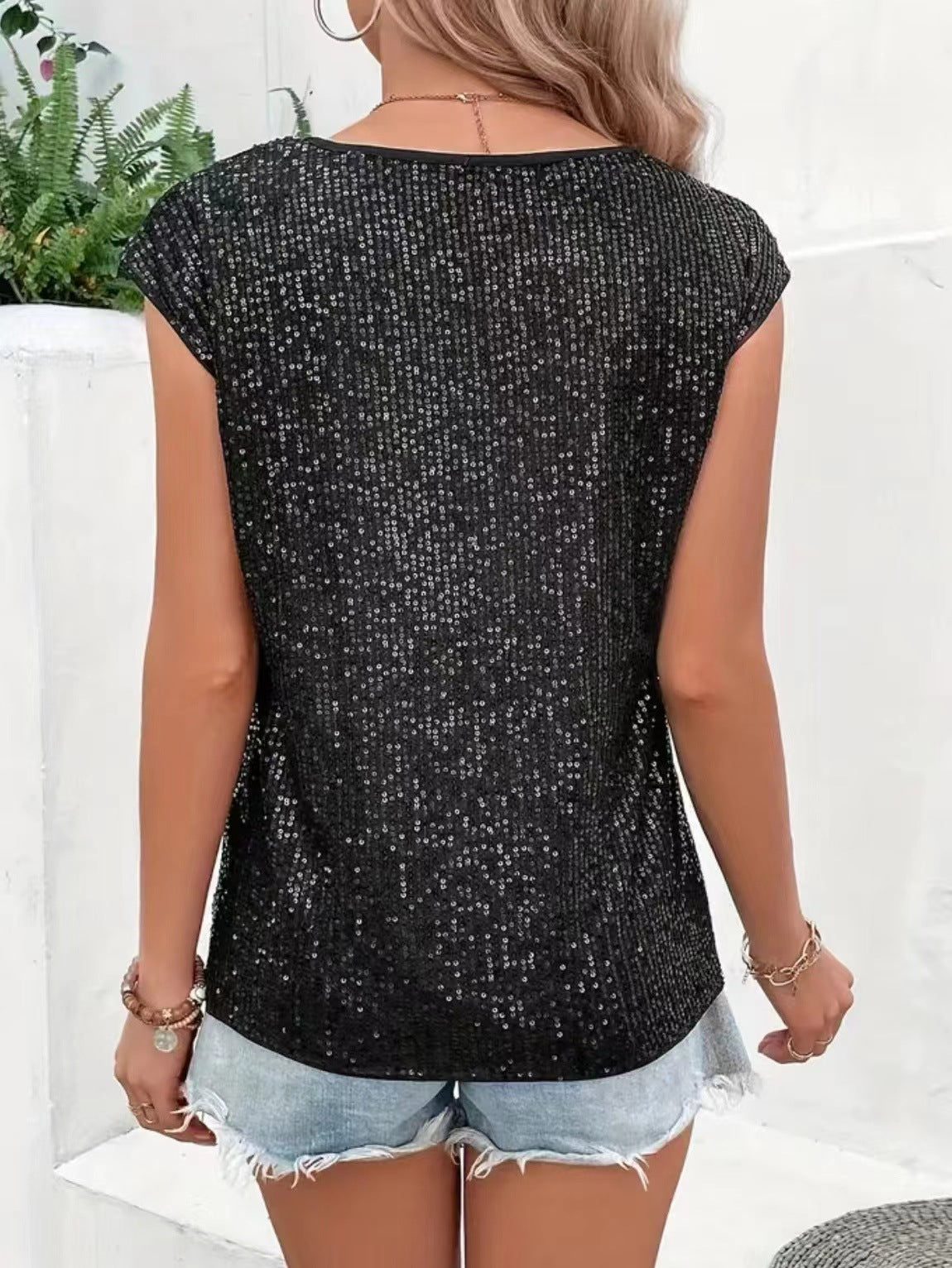Casual Fashion Party Crew Neck Sleeveless Top Women's Sequins T-Shirt