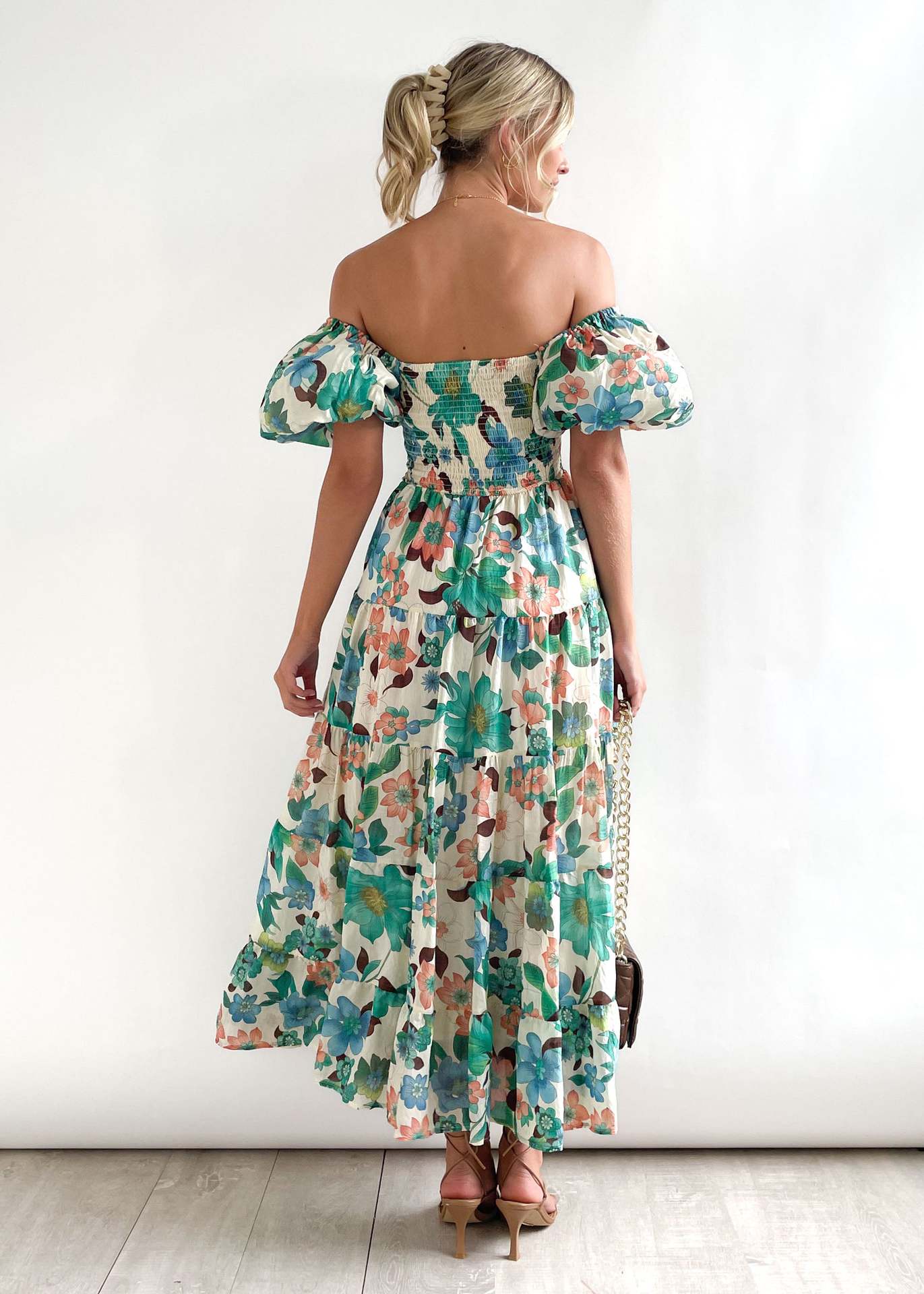 Women Bubble Sleeve Holiday Skinny Long Dress High Waist Shoulder Print Dress