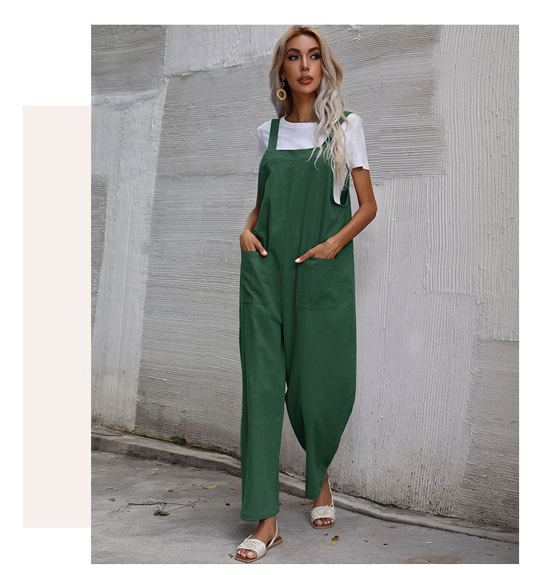 Casual Cotton and Linen Pocket Solid Color Sleeveless Jumpsuit