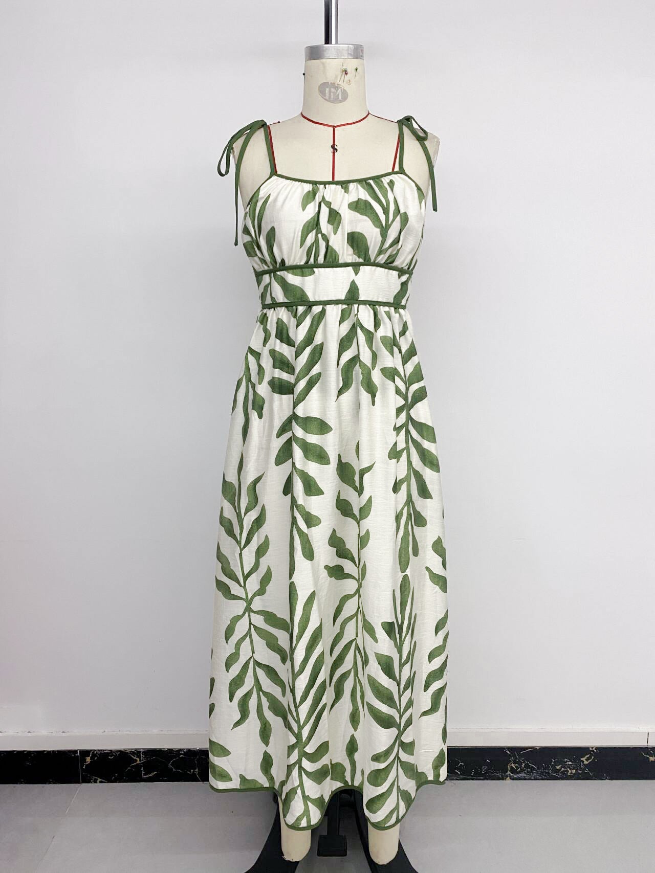 Women's Waist Green Leaf Print Dress