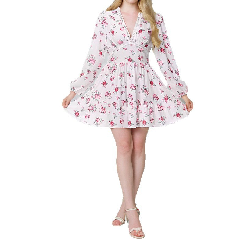 Women Elegant V-neck Floral Slim-fit Dress Short