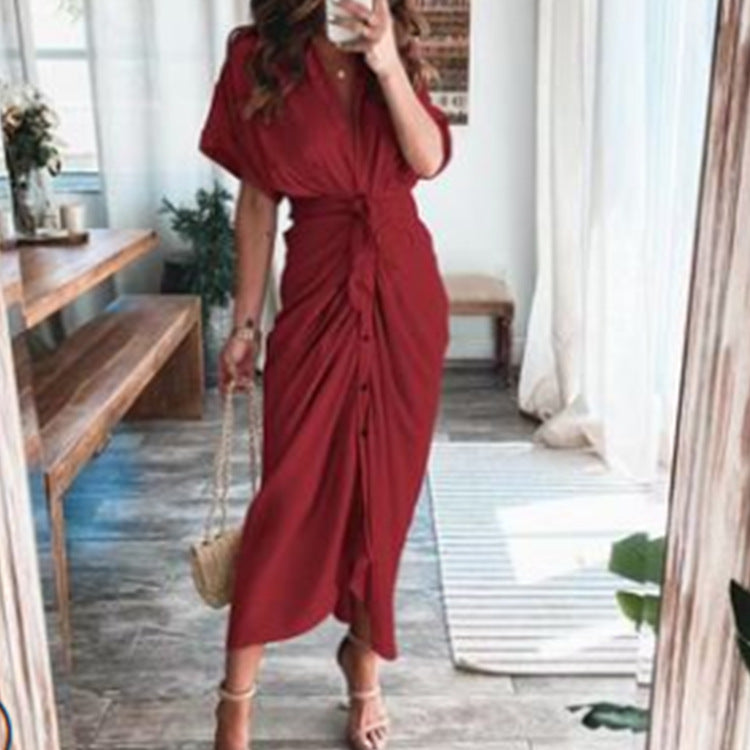 Elegant Short Sleeve Printed High Waist Dress Long Dress