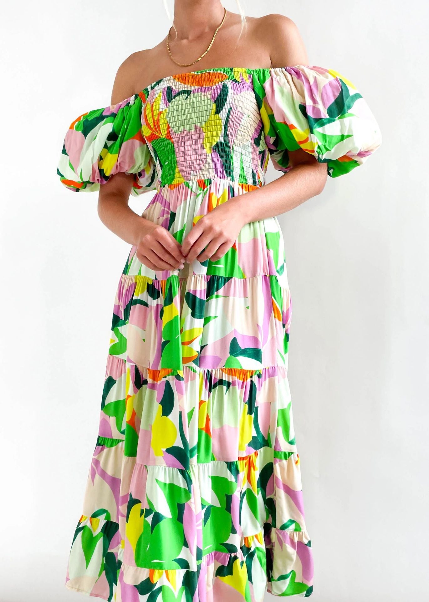 Women Bubble Sleeve Holiday Skinny Long Dress High Waist Shoulder Print Dress