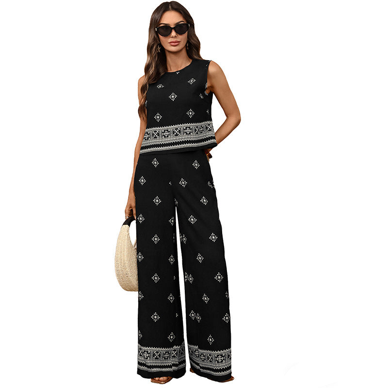 Vintage Two-piece Geometric Printing Set for Women