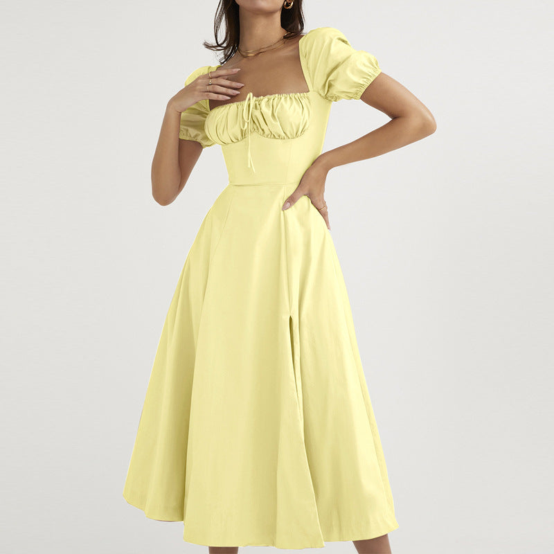 Women Solid Color Bubble Sleeve Strap Dress